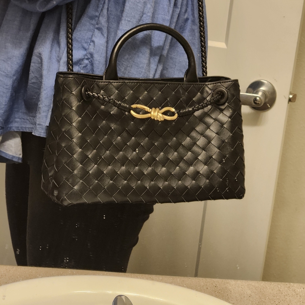 Black Woven Leather Shoulder Or Crossbody Bag